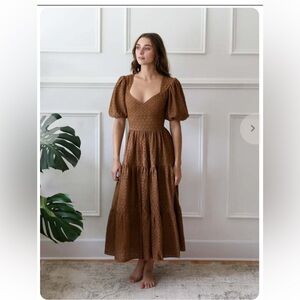 Millie Maja Dress Elegant Caramel Eyelet Puff Sleeve Midi Dress